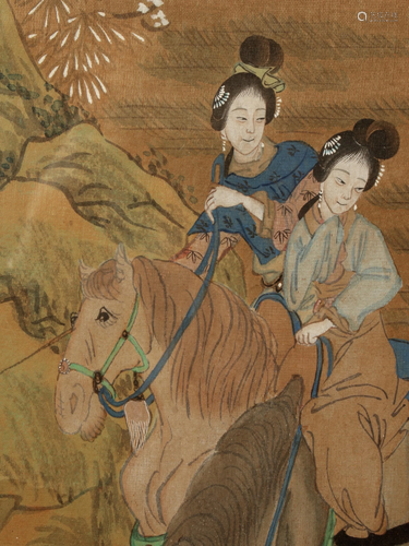 FRAMED SCROLL PAINTING OF WOMEN ON HORSEBACK