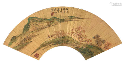 陆 恢(1851-1920) 岸荫泊舟 设色 纸本扇面