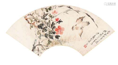 沙 馥(1831-1906) 芙蓉小鸟 设色 纸本扇面