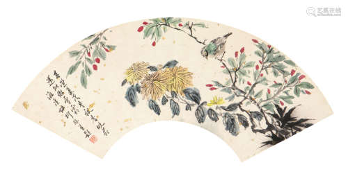 陆抑非(1908-1997) 秋意菊香 设色 纸本扇面