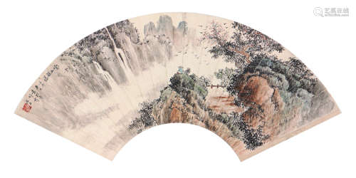 袁松年(1895-1966) 云山观瀑 设色 纸本扇面