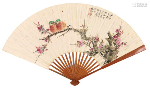 颜伯龙(1898-1954) 桃花双翠 设色 纸本成扇