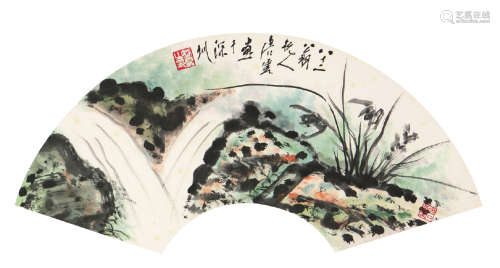 唐 云(1910-1993) 兰石图 设色 纸本扇面