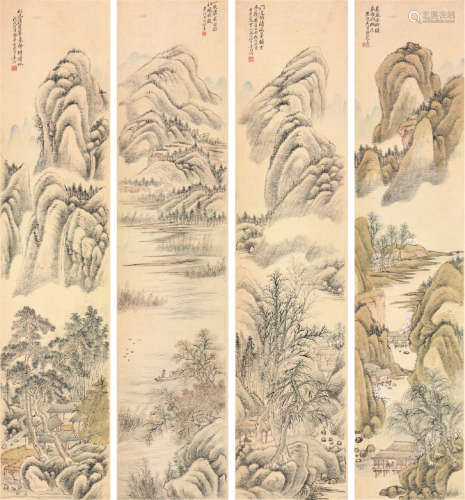 姜 筠(1847-1919) 山水四屏 设色 纸本立轴