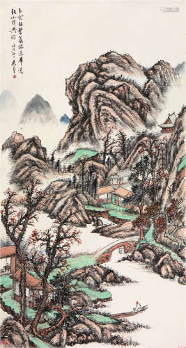 袁培基(1870-1943) 白云红叶 设色 纸本立轴