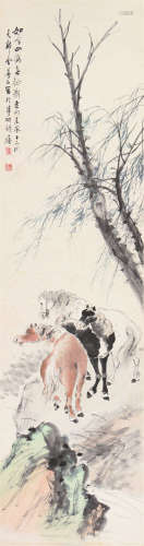 金梦石(1869-1952) 秋郊散马 设色 纸本立轴