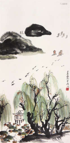 亚 明(1924-2002) 杨柳远帆 设色 纸本立轴
