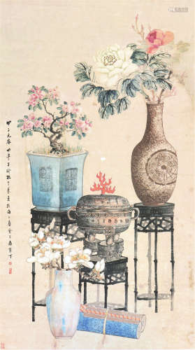 孔子瑜(1873-1926) 博古花卉 设色 纸本立轴