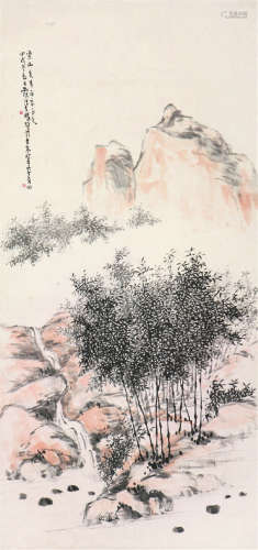 汪吉麟(1871-1960) 竹林流泉 设色 纸本立轴