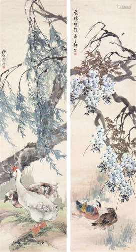 柳 滨(1887-1945) 花鸟对屏 设色 纸本镜片