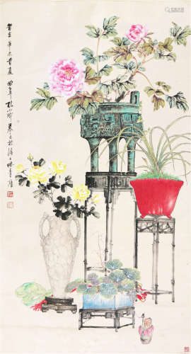 孔小瑜(1899-1984) 岁朝清供 设色 纸本立轴
