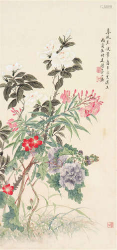汤世澍(1831-1903) 百花争艳 设色 绢本立轴