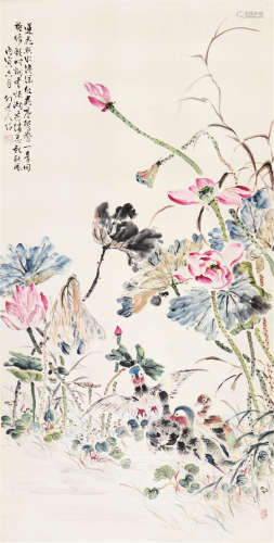丁宝书(1866-1936) 荷花鸳鸯 设色 纸本立轴