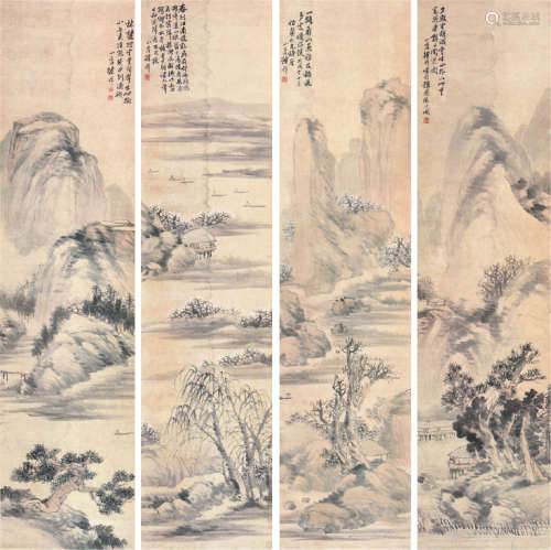 徐 祥(1850-1893) 山水四屏 设色 纸本立轴