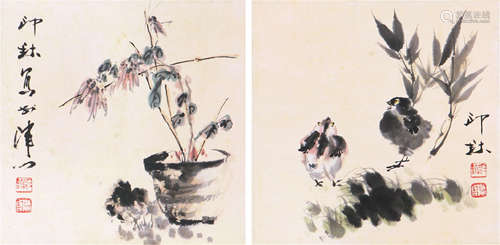 萧 朗(1917-2010) 花鸟二桢 设色 纸本镜片