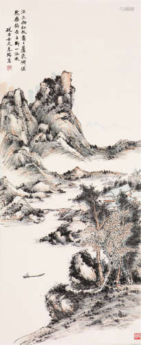 朱 端(1901-1981) 秋江垂钩 设色 纸本立轴