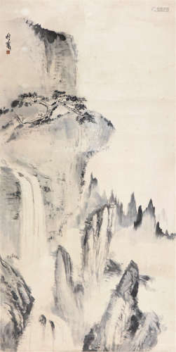 钱瘦铁(1897-1967) 雾中山色 设色 纸本立轴