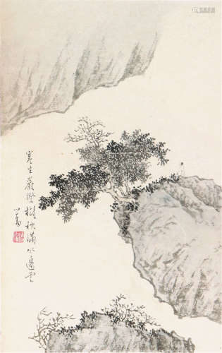 溥 儒(1896-1963) 寒树秋水 设色 纸本镜框