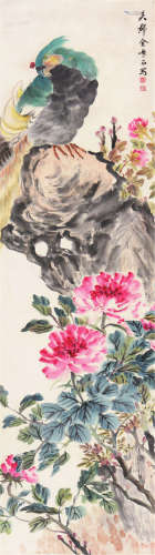 金梦石(1869-1952) 丹凤牡丹 设色 纸本立轴