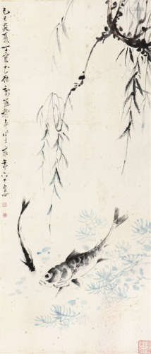 丁宝书(1866-1936) 柳塘游鱼 设色 纸本立轴