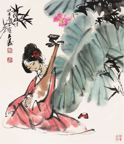 王 涛(b.1949) 琵琶仕女 设色 纸本立轴