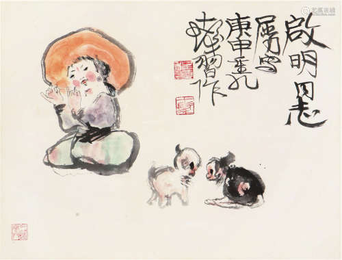 程十发(1921-2007) 少女与羊 设色 纸本镜片