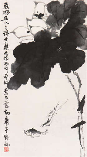 真 然(1816-1884) 荷花游鱼 水墨 纸本立轴