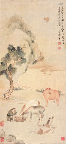 唐 寅(1470-1523)( 款) 饮马图 设色 纸本立轴
