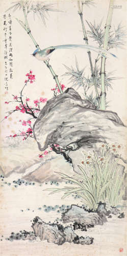 沈一斋(1891-1955) 梅寿图 设色 纸本镜片