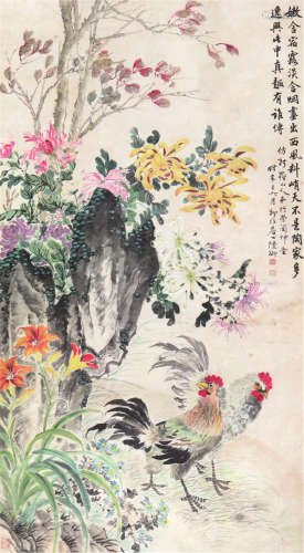陆抑非(1908-1997) 菊花公鸡 设色 纸本立轴