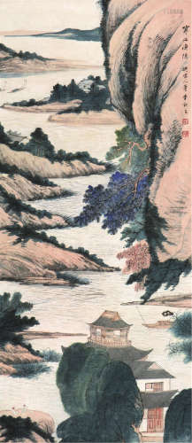 季观之(1915-1996) 寒江渔隐 设色 纸本镜片