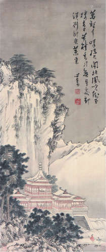 溥 儒(1896-1963) 寒山楼阁图 设色 绢本镜片
