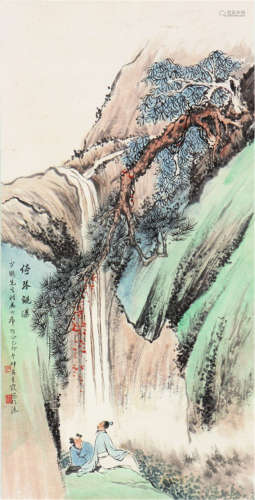 吴青霞(1910-2008) 停琴观瀑 设色 纸本立轴