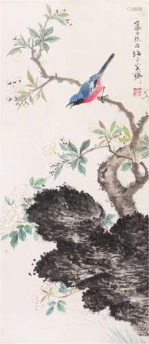 江寒汀(1903-1963) 桃羽闹春 设色 纸本镜框