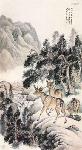 程 璋(1869-1938) 三鹿图 设色 纸本立轴