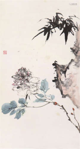 王雪涛(1903-1982) 竹石花卉 设色 纸本镜片