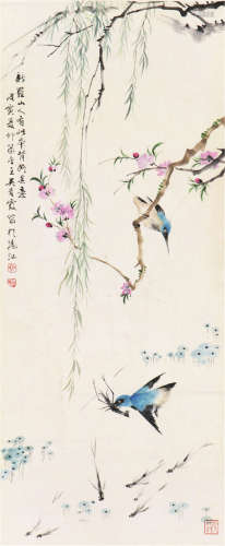 吴青霞(1910-2008) 桃柳飞燕图 设色 纸本立轴