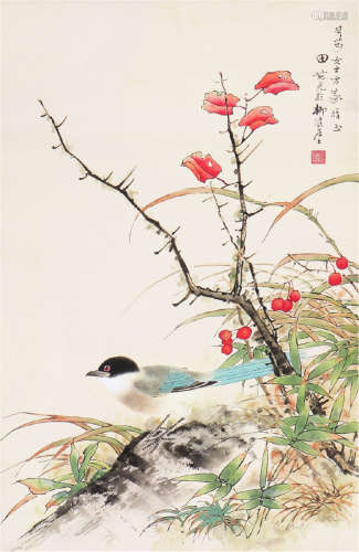 田世光(1916-1999) 红叶翠鸟 设色 纸本镜片