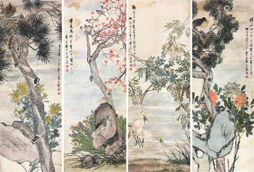 朱梦庐(1826-1900) 花鸟四屏 设色 纸本立轴