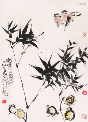 程十发(1921-2007) 丛竹小鸡图 设色 纸本镜片
