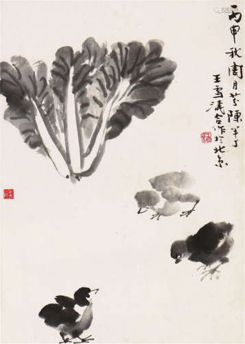 王雪涛(1903-1982) 陈半丁(1876-1970) 周月芬 白菜雏鸡 设色 纸本镜片