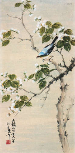 黄幻吾(1906-1985) 木棉蓝雀图 设色 纸本立轴