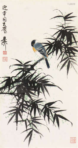 谢稚柳(1910-1997) 纡竹山禽 设色 纸本立轴