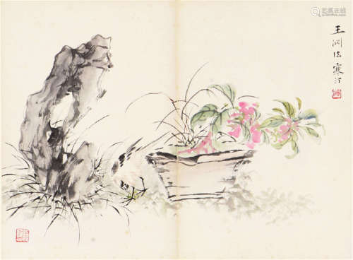 江寒汀(1903-1963) 花石小鸟 设色 纸本镜片