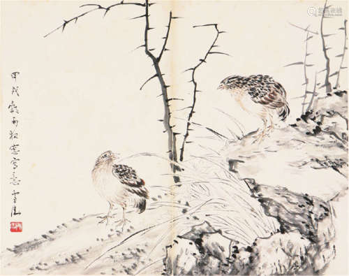 王雪涛(1903-1982) 双安图 设色 纸本镜片