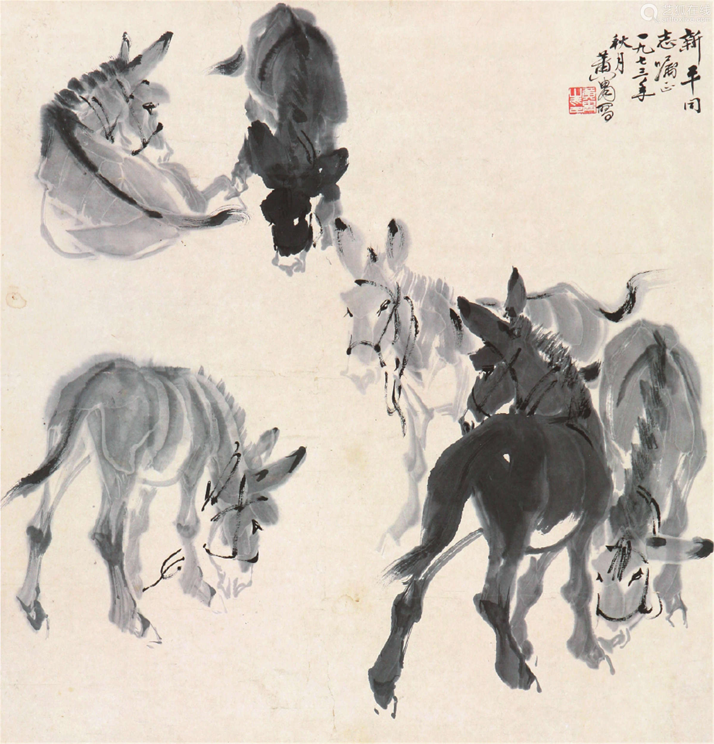 黃胄(1925-1997) 群驢圖 水墨 紙本立軸-【成交 價格 圖片】