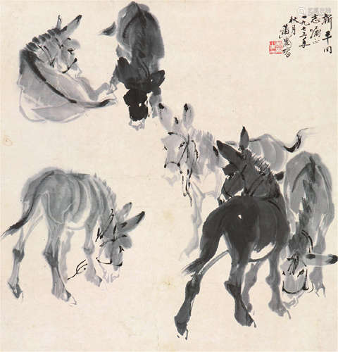 黄 胄(1925-1997) 群驴图 水墨 纸本立轴