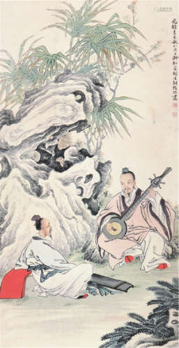 胡锡珪(1839-1883) 抚琴会友 设色 纸本立轴
