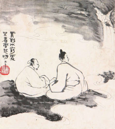 张大千(1899-1983) 观瀑图 水墨 纸本镜片