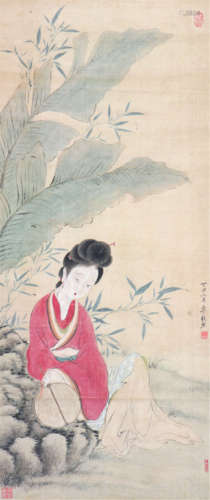 李秋君(1899-1973) 蕉荫仕女 设色 绢本立轴